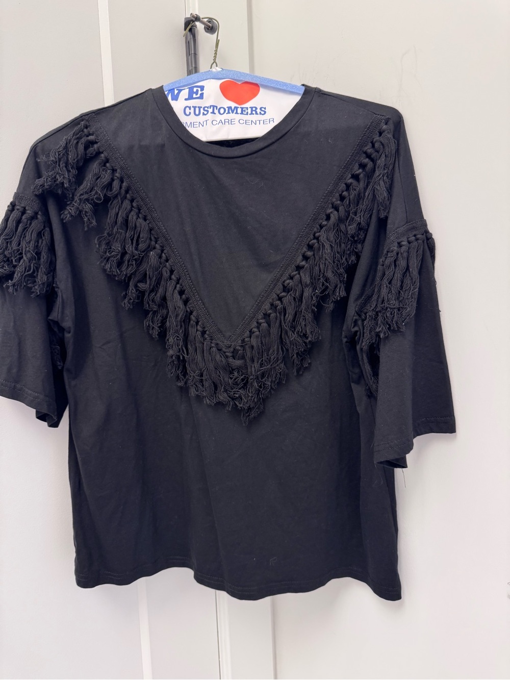 SHEIN Black Short Sleeve Fringe V-Panel Tee